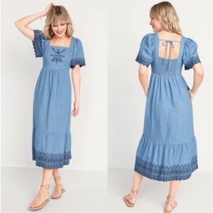 Old Navy Women Fit&Flare Chambray Floral Embroidered Boho Midi Dress